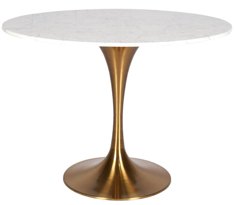 Mesa comedor Tulip acero inoxidable oro tapa mármol blanco 100cms